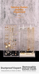 Close-up of dustproof acrylic necklace organizer with removable velvet jewelry tray
