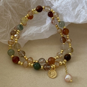 Retro Palace Style Double Layer Beaded Bracelet With Multi Color Natural Stones Gold Coin Portrait Medal And Pink Artificial Pearl