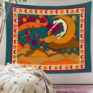 Detail of bohemian tapestry featuring vibrant artistic design in a cozy bedroom setting