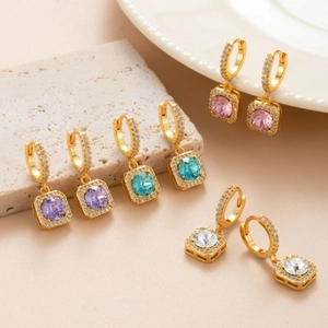 Elegant gold square cubic zirconia dangle earrings in pink, purple, blue, and white colors