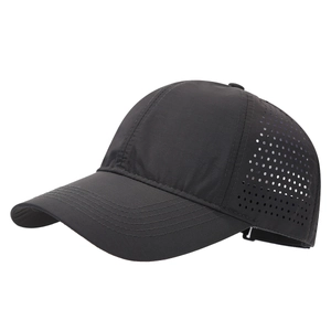 Quick-dry black baseball cap with breathable laser-cut vents and wide brim for sun protection