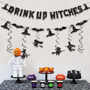 Halloween Drink Up Witches glitter banner set with bat and wizard silhouette decorations