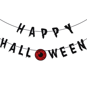 Non-woven Happy Halloween hanging banner with ghost font and red eyeball graphic