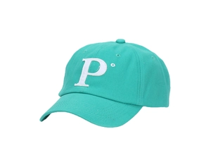 Detailed view of capital P embroidery on mint green outdoor baseball cap with visor