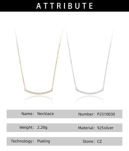 Tableau des spécifications détaillées des colliers sourire en argent S925 et zircons