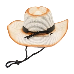 Close-up of woven straw cowboy hat featuring burnt orange edges and black leather band