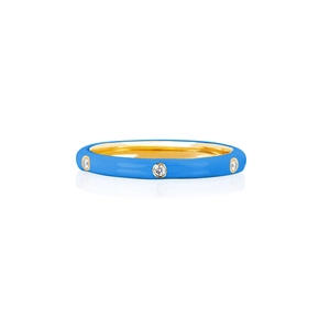 Detail of blue enamel ring with 18K gold plating and small round zircon stones