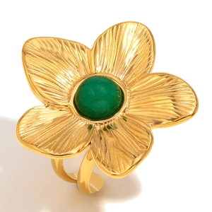 18K gold plated stainless steel floral ring with green turquoise stone in center