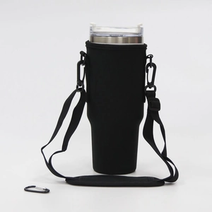 Detailed neoprene sleeve for 40oz tumbler with adjustable strap and carabiner clip