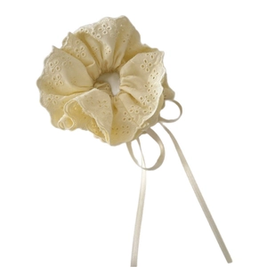 Beige floral lace embroidery hair scrunchie with long ribbon ties on white background