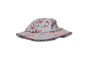 Close-up of grey bucket hat featuring vibrant red graffiti patterns and BABY text print