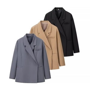 Oversized women blazer with shoulder pads and side slits in grey, camel, and black colors