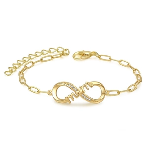 Detail of gold infinity mom bracelet featuring sparkling zircons and adjustable lobster clasp