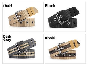 Detail view of woven canvas belts with alloy pin buckles in khaki, black, and striped grey