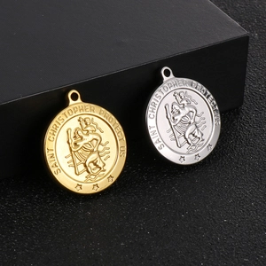 Saint Christopher Protect Us Round Medal Pendant Stainless Steel Religious Christian Jewelry Making Charm Hip Hop Style