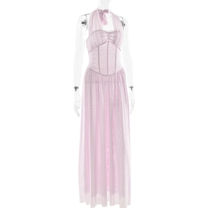 Detail of pink halter neck pleated tulle dress with waist-tightening corset design