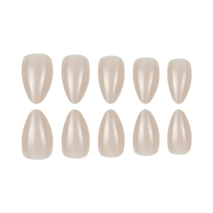 Short almond press-on nails in pearlescent nude beige finish set on white background
