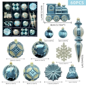 60-teiliges blau-goldenes Weihnachtsdeko-Set mit Abmessungen und Mengen der Ornamente