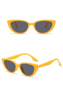 Front and side detail of yellow cat eye sunglasses with grey UV lenses on white base