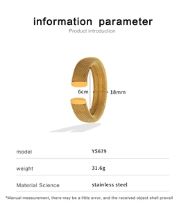 Detailed parameter chart showing gold mesh stainless steel cuff bracelet specifications