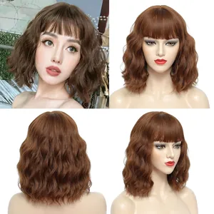 Deep brown wavy Bob wig with bangs, multiple views of natural water wave hair