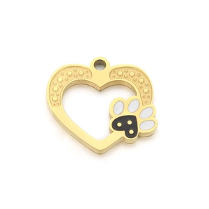Golden heart pendant with black and white enamel paw print charm in 18k gold finish