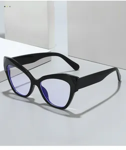 Detail of cat eye glasses frame with purple anti-blue light coating and black texture