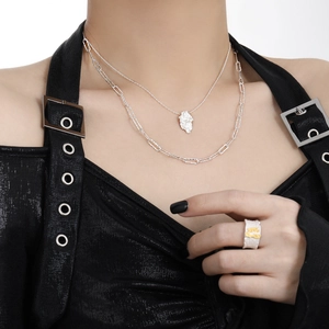 Irregular textured S925 sterling silver layered necklace and chunky ring for women