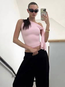 Débardeur Femme Une Épaule Polyester Spandex Lacets Asymétrique Couleur Unie Slim Fit Court Streetwear Sexy Mode