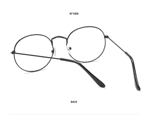 Detail view of round black metal frames showing 45-degree side and back angles
