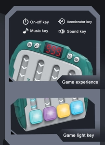 Detailed interface of rhythm game controller showing music, power, and light-up game keys
