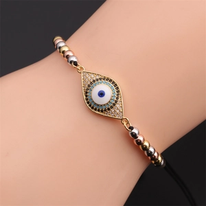 Adjustable Evil Eye bracelet with tricolor metal beads and zircon inlays on black cord