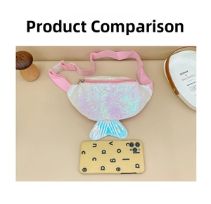 Mermaid sequin waist bag for kids compared with a smartphone to show the compact size