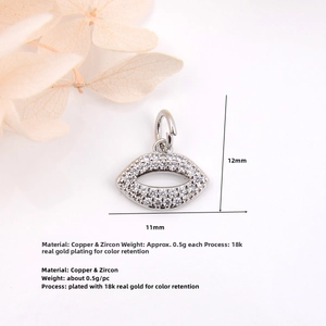 Detailed view of tiny 11x12mm copper lip pendant with zircon inlay and dimensions