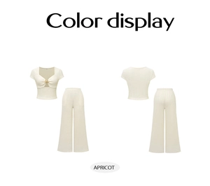 Front and back view of apricot two-piece set featuring short sleeve top and wide-leg trousers