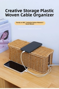 Close-up of a faux rattan cable box for desktop power strip and charging wires