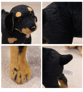 Detailed views of realistic black puppy plush toy showing fur texture and craftsmanship