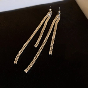 Macro shot of long silver tassel earrings with sparkling zircon stones in a linear design
