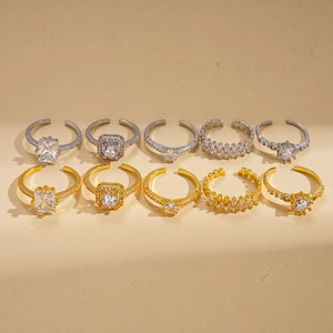 Set of ten zircon square and round open rings in elegant gold and silver finishes