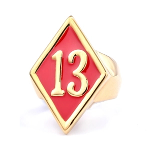 Golden stainless steel ring featuring a red enamel rhombic face with number 13
