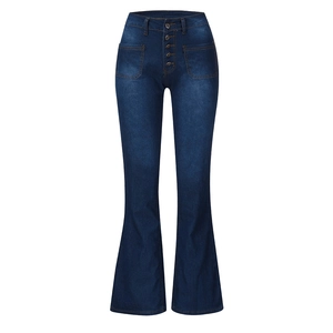 Jean évasé bleu foncé à taille haute avec braguette à cinq boutons et poches plaquées