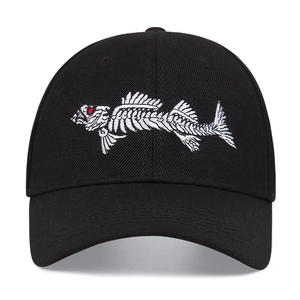 Classic black cotton baseball cap featuring detailed white fishbone embroidery and red accents
