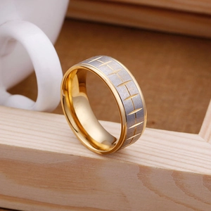 Men's hip hop tire tread ring in two-tone gold and silver stainless steel band