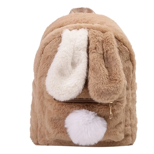 Cute khaki rabbit plush backpack with long ears and fluffy pom-pom tail on white background