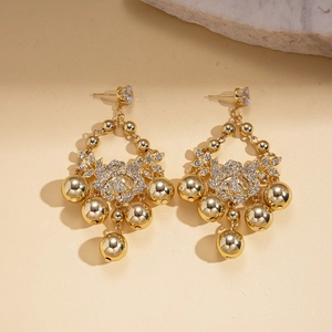 Elegant gold tassel ball earrings with zircon stones and floral leaf design for women