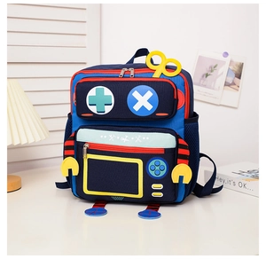 Detail view of the durable canvas material and zippered front pocket on robot backpack