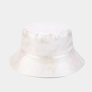 Detailed view of the iridescent holographic white fabric and stitching on this bucket hat