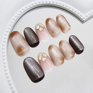 Handmade Press On Nails Cat Eye Gradient Brown Pink With Heart Rhinestones Gold Foil Short Oval Elegant Ins Style
