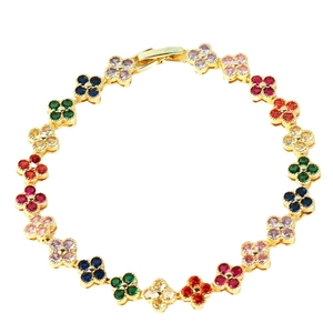 Gold clover bracelet with multi-colored cubic zirconia stones for women's elegant style