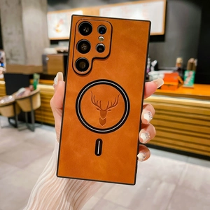 Close-up of brown faux leather magnetic phone case with deer head motif for Samsung
